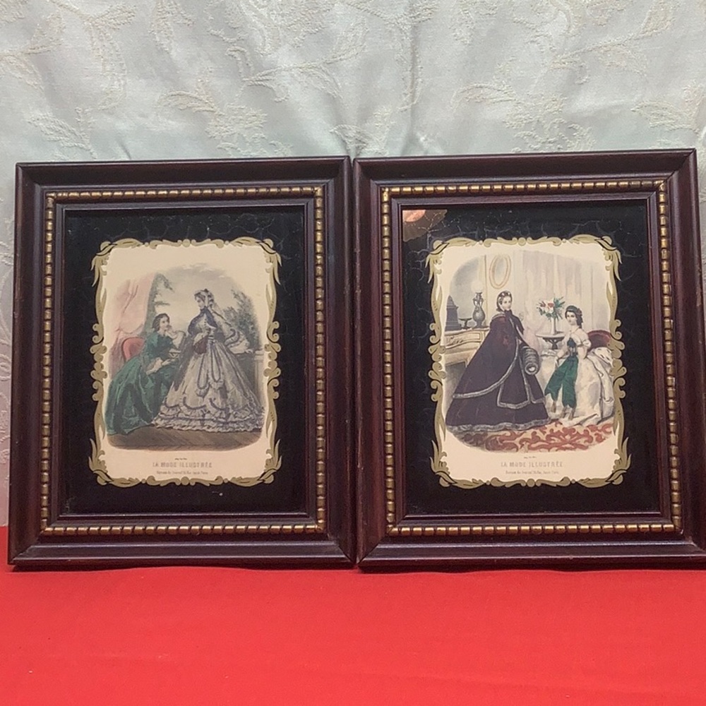 2 LA MODE ILLUSTREE pictures.  Mahogany colored framed with Gold accents. #9208